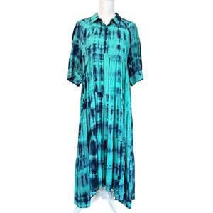 Natural Life Rebecca Tie Dye Tiered Oversized Shirt Dress Midi Turquoise M